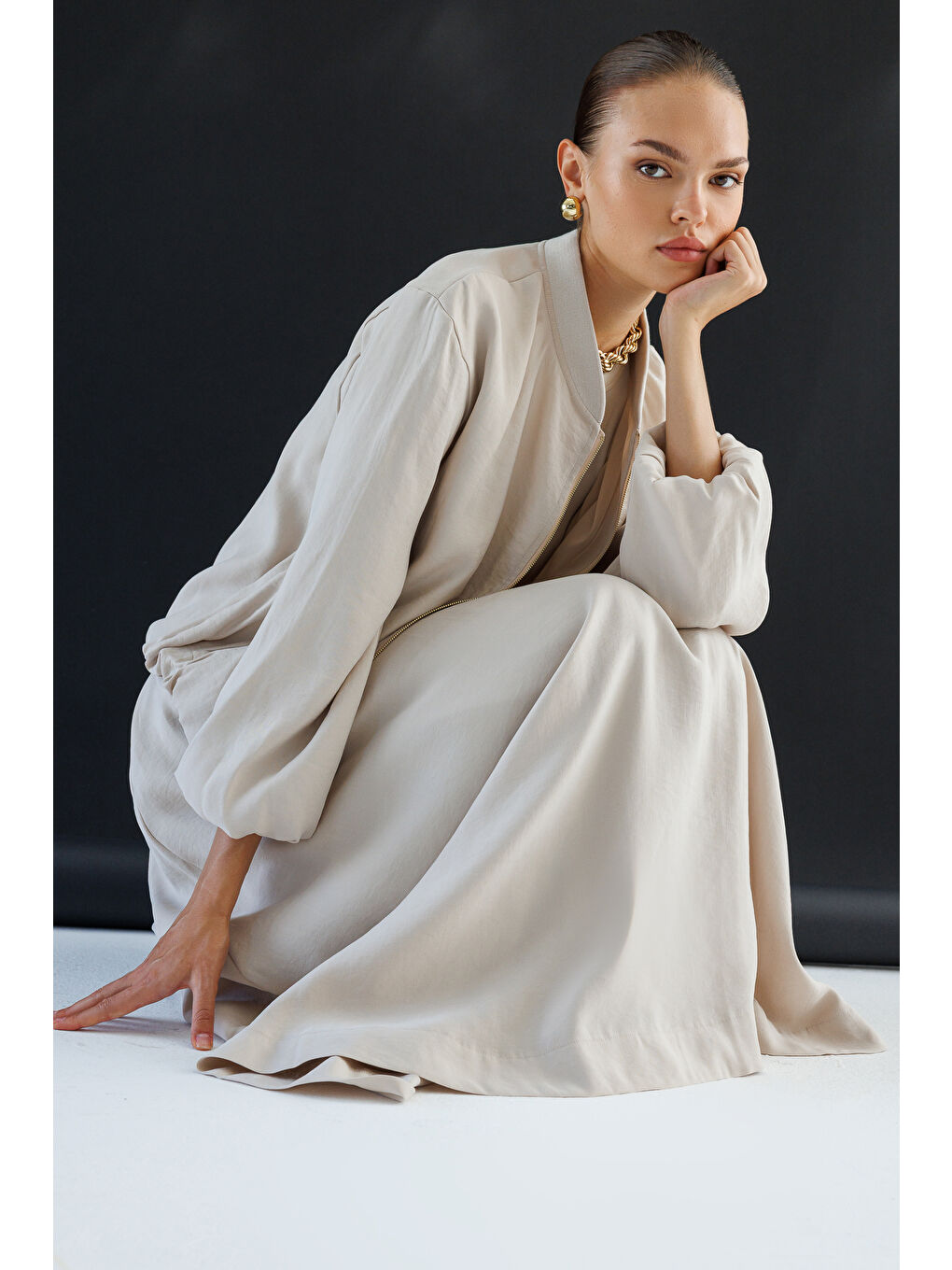 Bej Modal Karışımlı Taş Rengi Beli Lastikli Maksi Etek-4