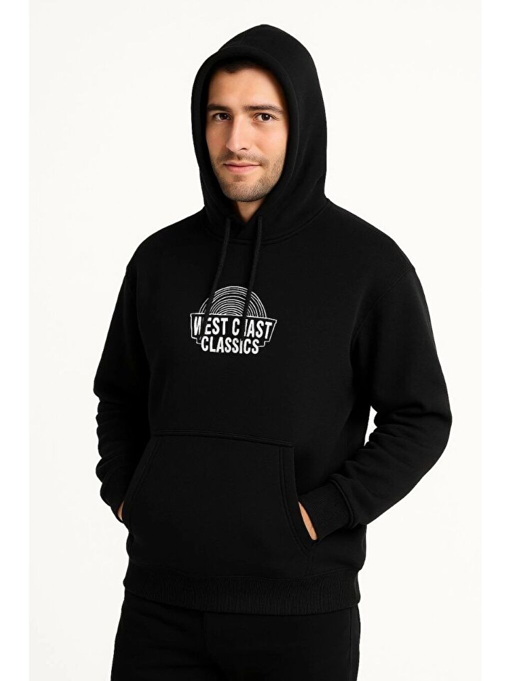 Erkek Üç İplik Kapüşonlu Ön Ve Arka Baskılı SweatShirt Hoodie - Siyah