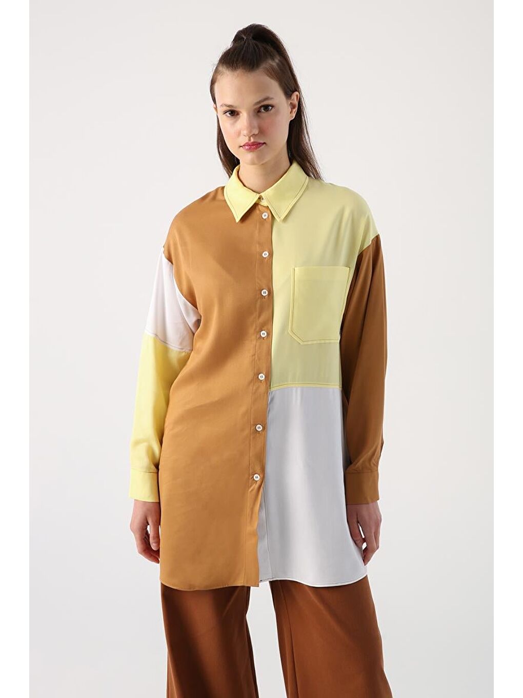 Kahverengi Camel-Tek Cepli Viscon Kumaş Gömlek Tunik