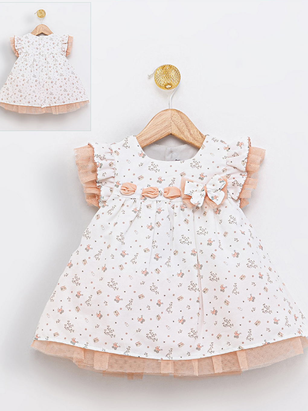 Ekru Kız Bebek Desenli Tüllü Yazlık Elbise