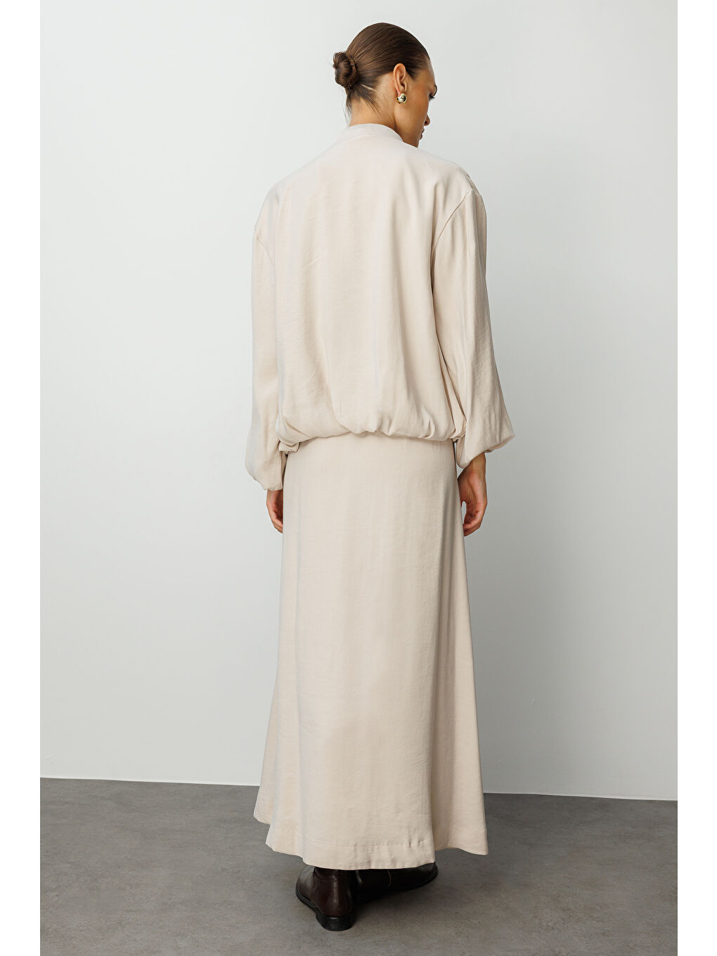 Bej Modal Karışımlı Taş Rengi Beli Lastikli Maksi Etek-5