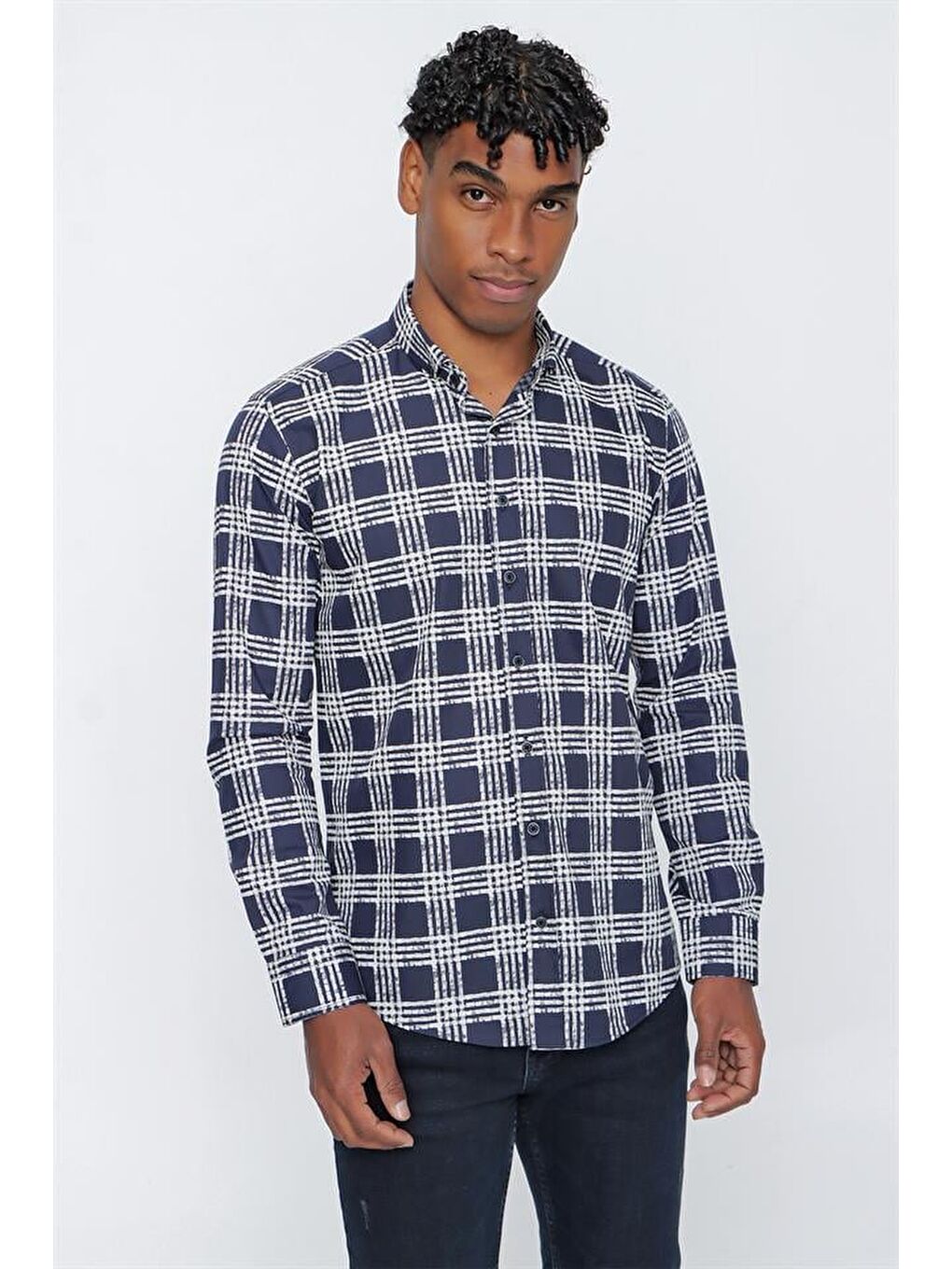 Koyu Lacivert Uzun Kol Ekoseli  %100 Pamuk Slim Fit Dar Kesim Klasik Gömlek 1004225162