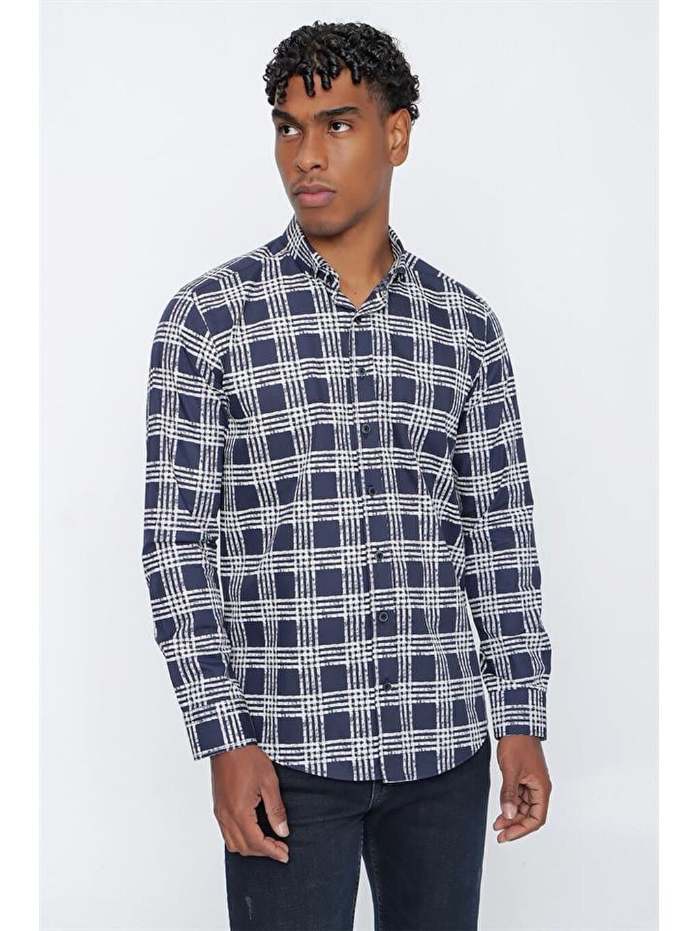 Koyu Lacivert Uzun Kol Ekoseli  %100 Pamuk Slim Fit Dar Kesim Klasik Gömlek 1004225162-2