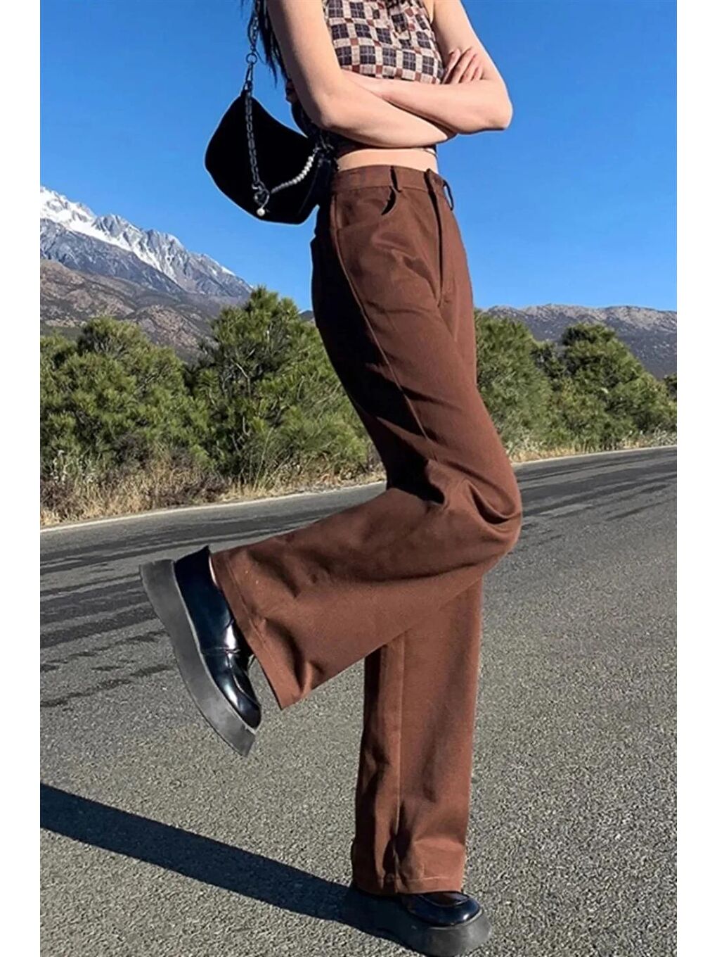 Kahverengi Bol Paça Jean Palazzo Wide Leg Pantolon