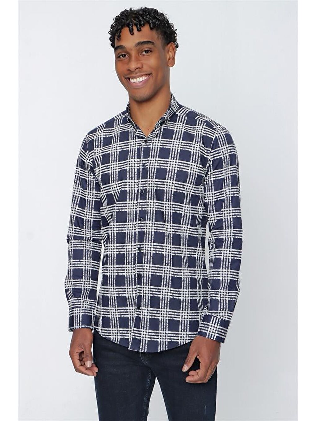 Koyu Lacivert Uzun Kol Ekoseli  %100 Pamuk Slim Fit Dar Kesim Klasik Gömlek 1004225162-3