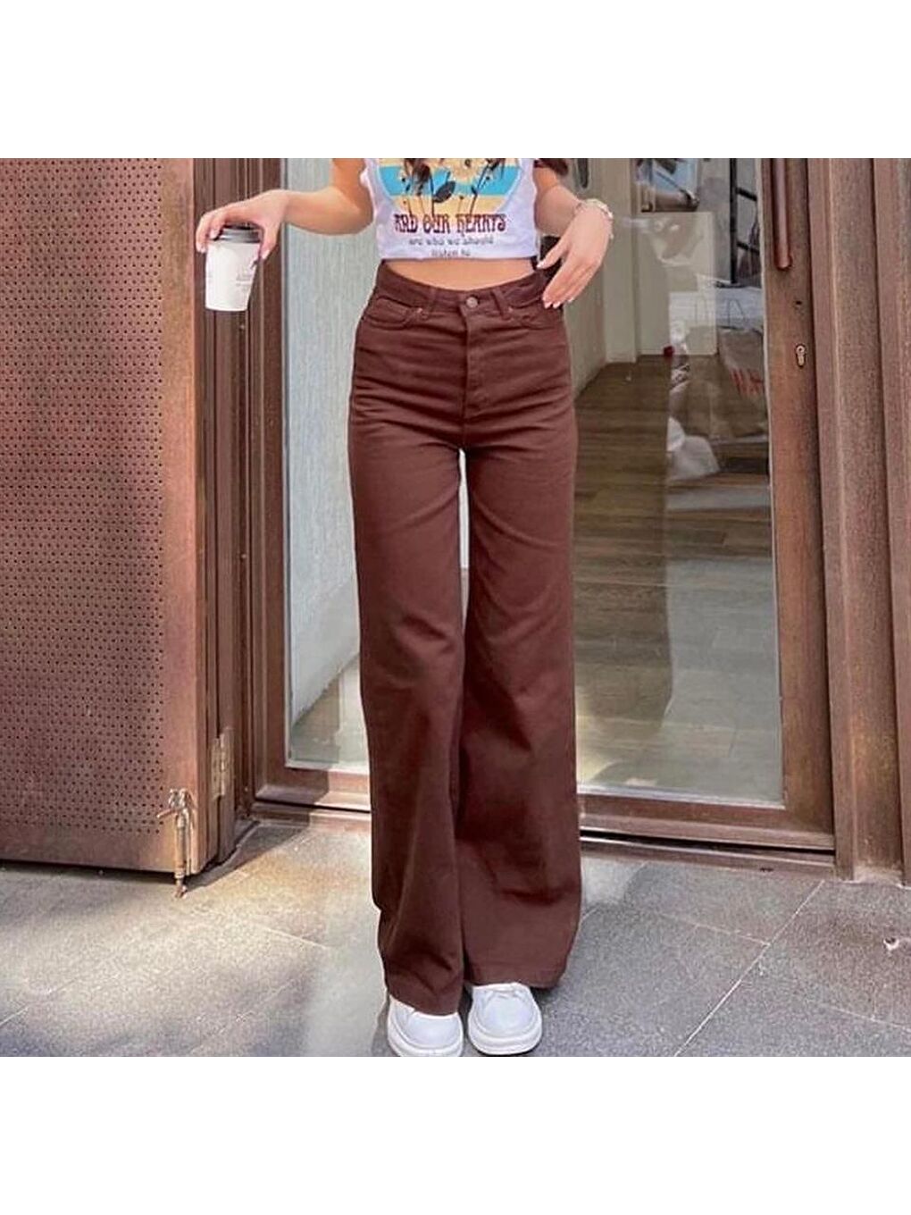 Kahverengi Bol Paça Jean Palazzo Wide Leg Pantolon-1