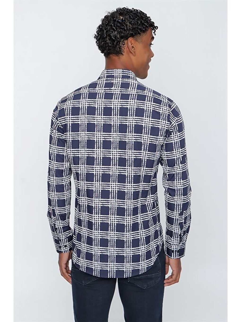 Koyu Lacivert Uzun Kol Ekoseli  %100 Pamuk Slim Fit Dar Kesim Klasik Gömlek 1004225162-5