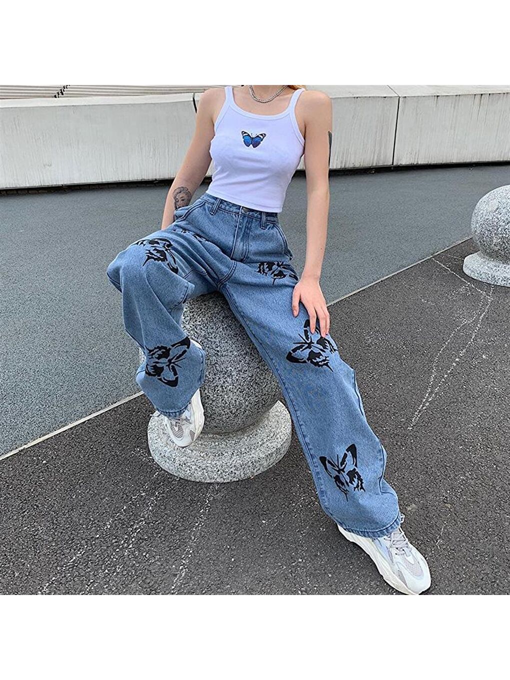 Mavi Butterfly Baskılı Kar Yıkamalı Unisex Bol Paça Pantolon