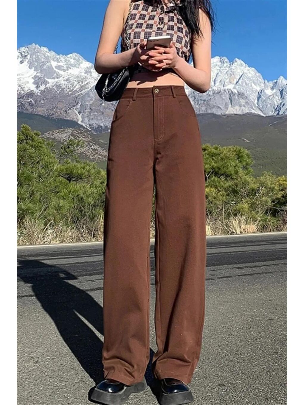 Kahverengi Bol Paça Jean Palazzo Wide Leg Pantolon-2