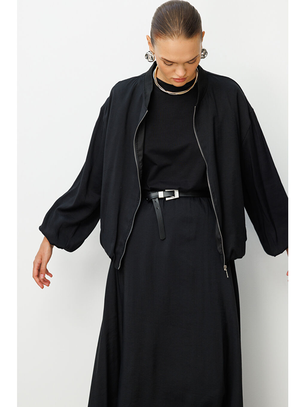 Modal Karışımlı Siyah Beli Lastikli Maksi Etek-1