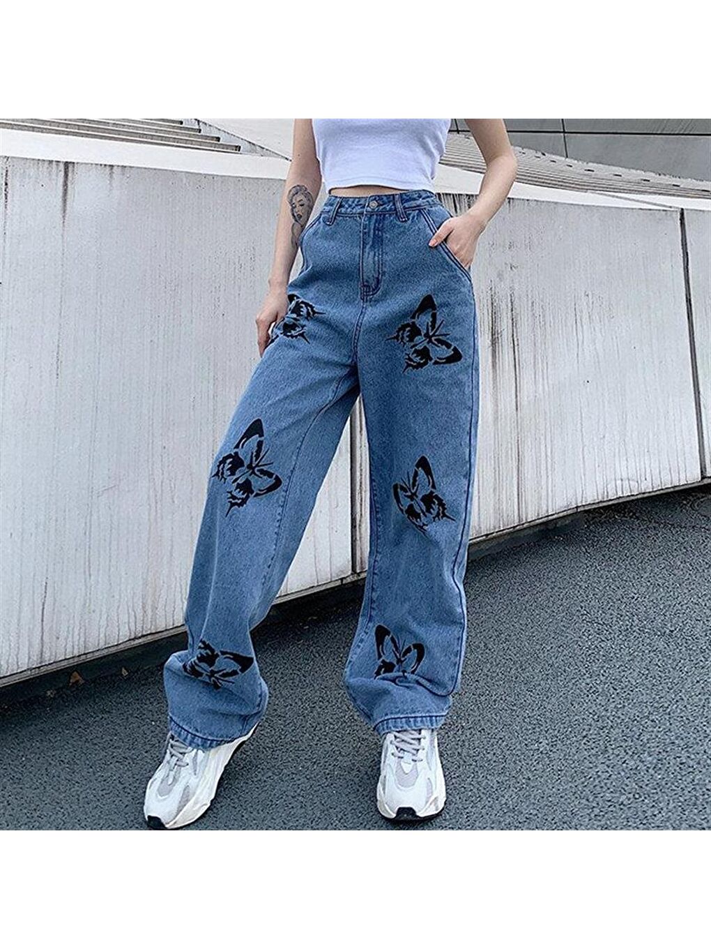 Mavi Butterfly Baskılı Kar Yıkamalı Unisex Bol Paça Pantolon-1