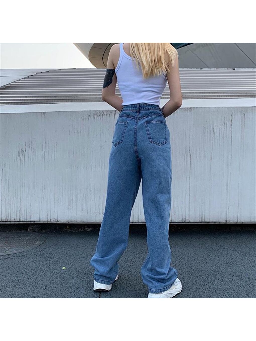 Mavi Butterfly Baskılı Kar Yıkamalı Unisex Bol Paça Pantolon-3