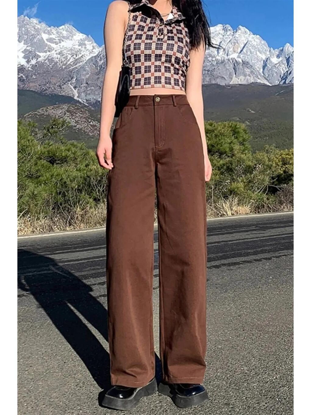 Kahverengi Bol Paça Jean Palazzo Wide Leg Pantolon-4