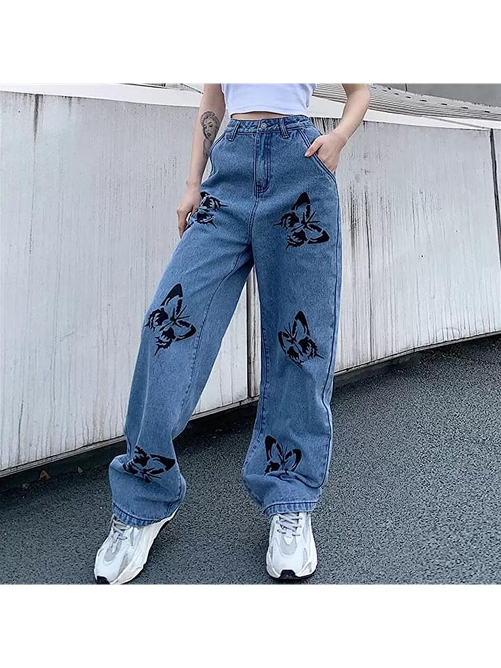 Mavi Butterfly Baskılı Kar Yıkamalı Unisex Bol Paça Pantolon-4