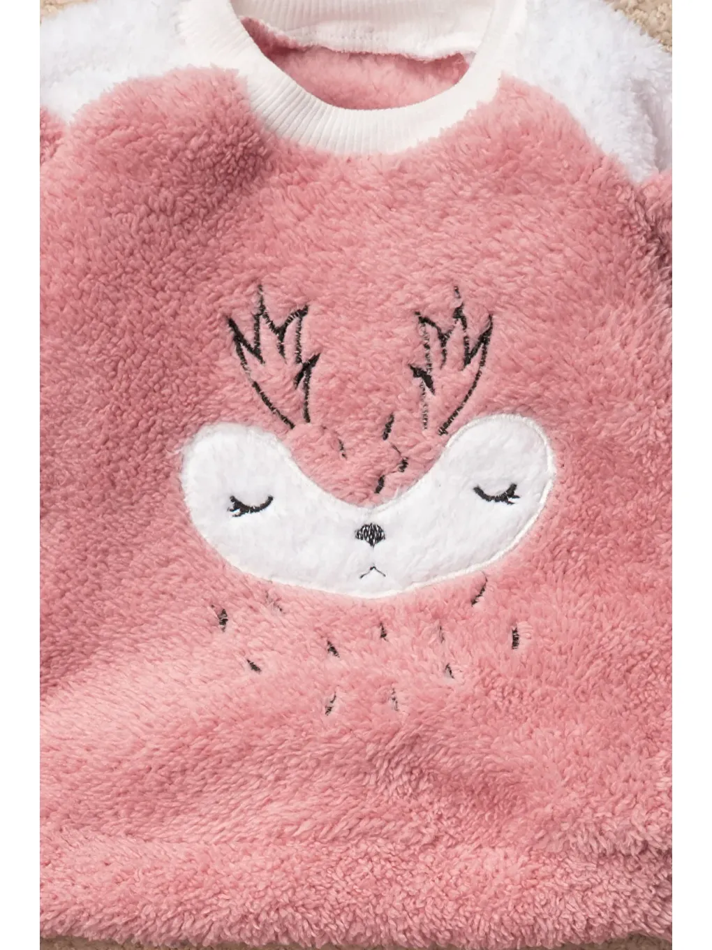 Pembe Kız Welsoft 3 Parça Geyik Desenli Ev Ayakkabısı Hediyeli Bebek Takım-2