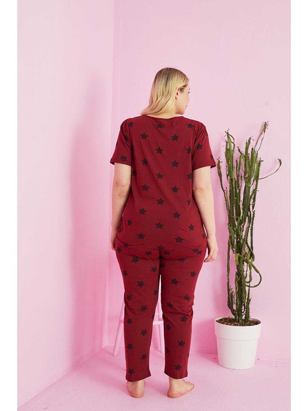 Siyah İnci Bordo Yıldız Desenli Curve Büyük Beden Örme Pamuklu Pijama Takımı - 2