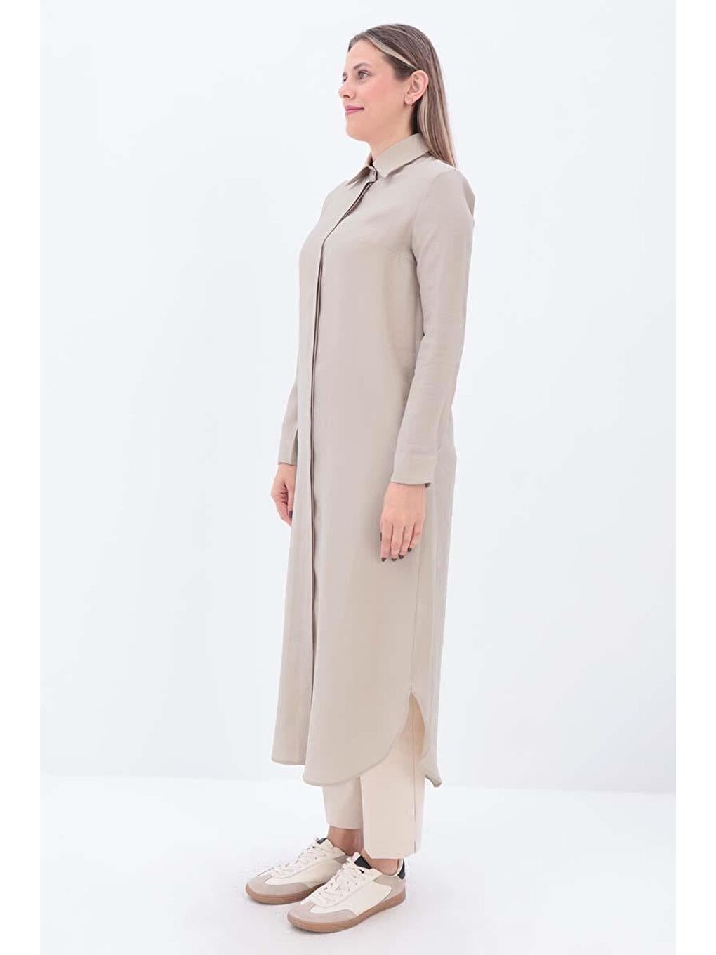 Bej-Gizli Patlı Uzun Gömlek Tunik-2