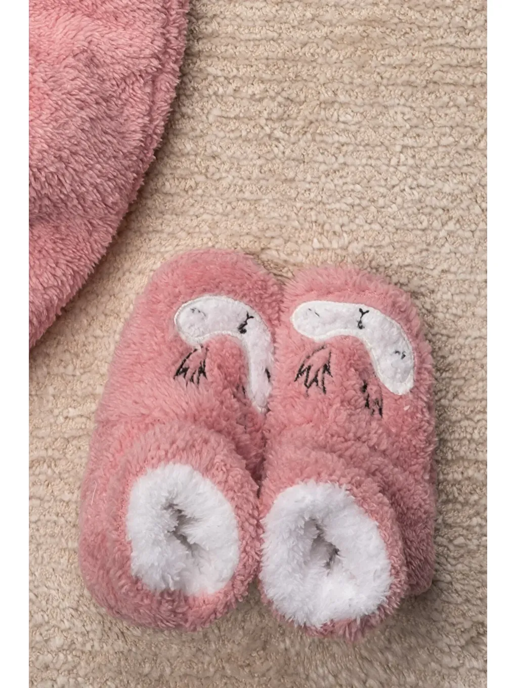 Pembe Kız Welsoft 3 Parça Geyik Desenli Ev Ayakkabısı Hediyeli Bebek Takım-4