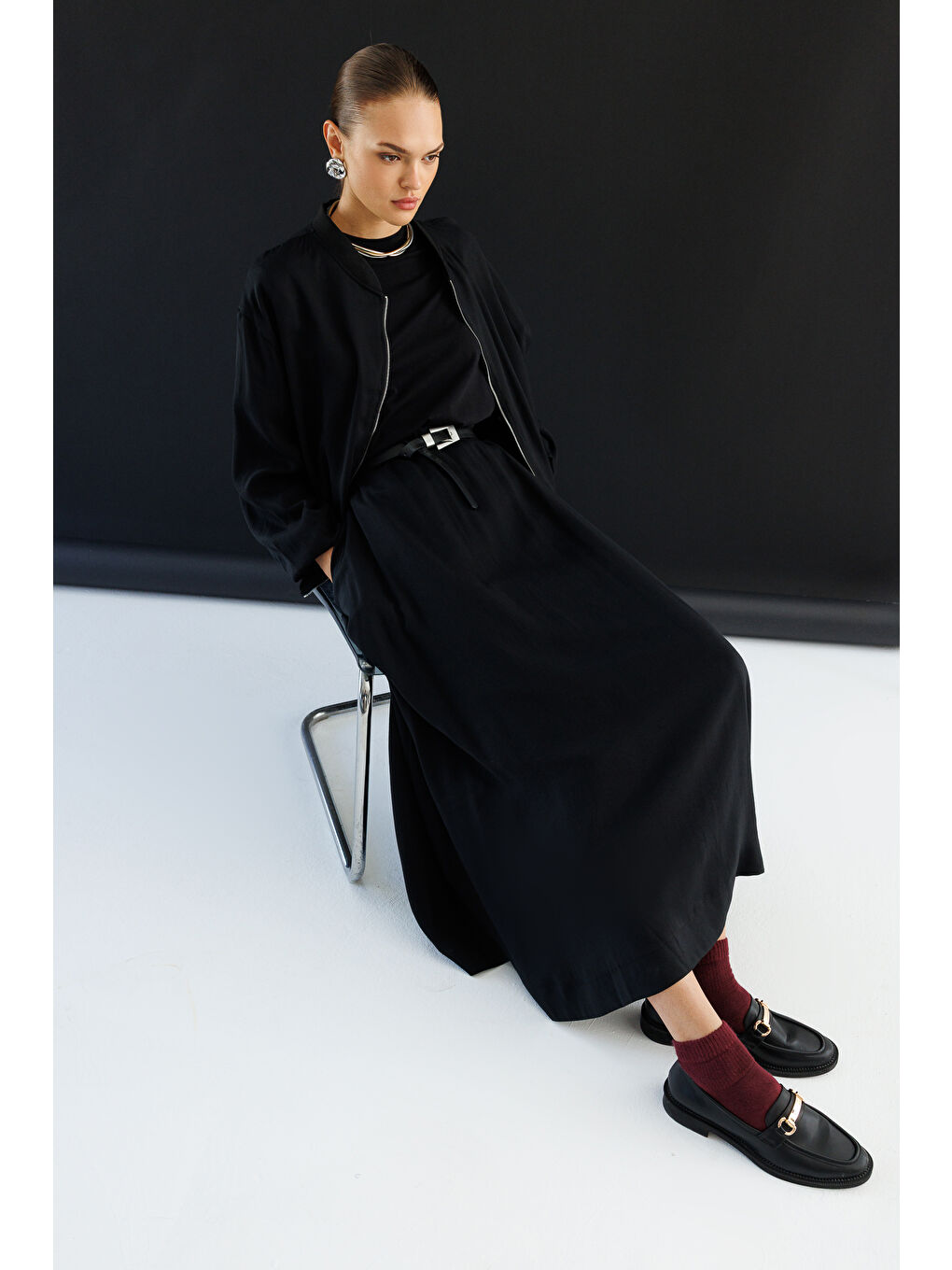 Modal Karışımlı Siyah Beli Lastikli Maksi Etek-2