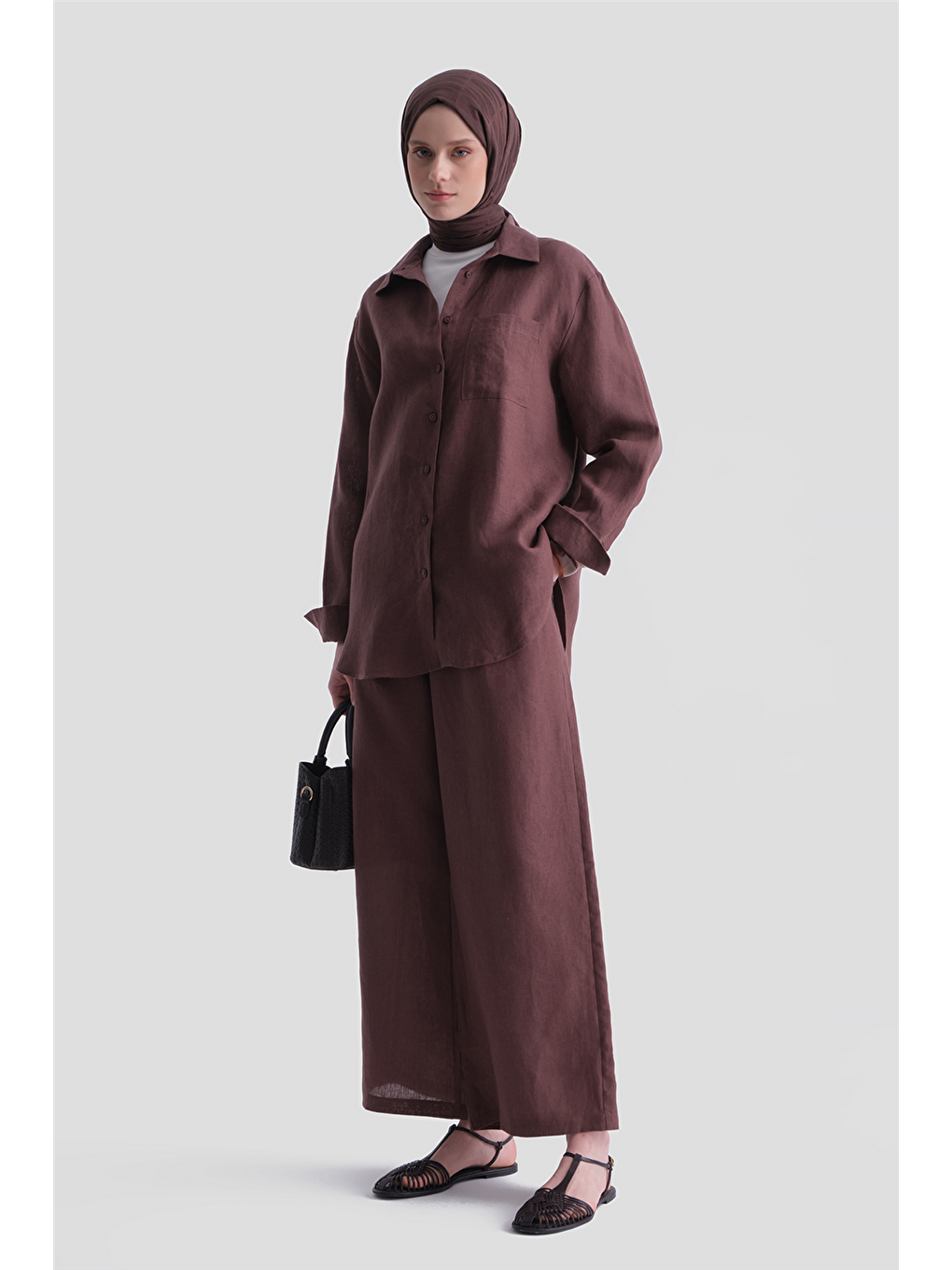 Keten Oversize Tunik Kahverengi-1