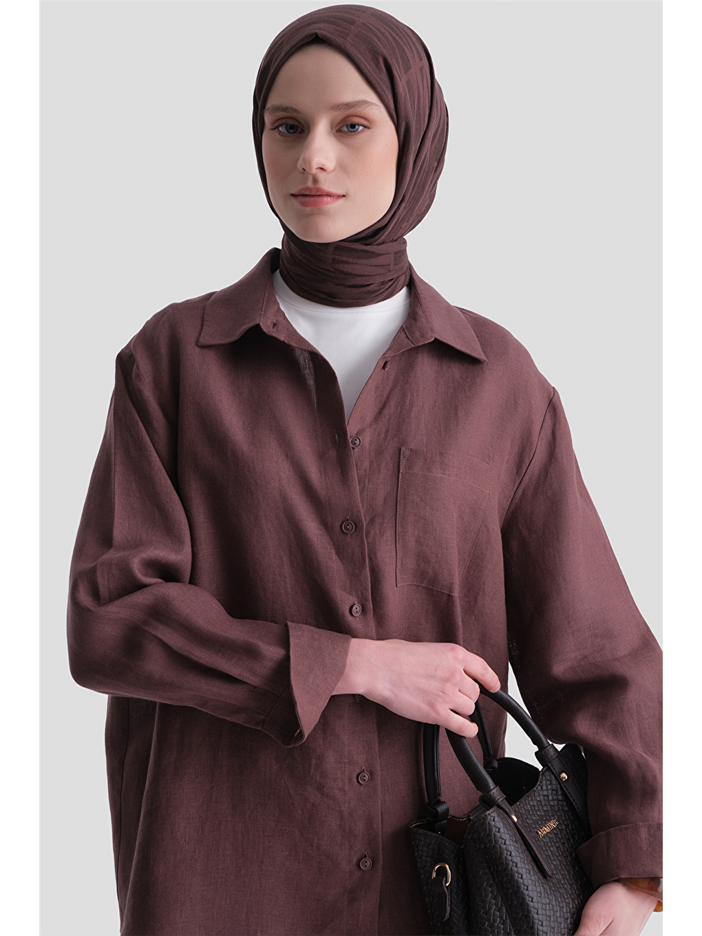 Keten Oversize Tunik Kahverengi-2