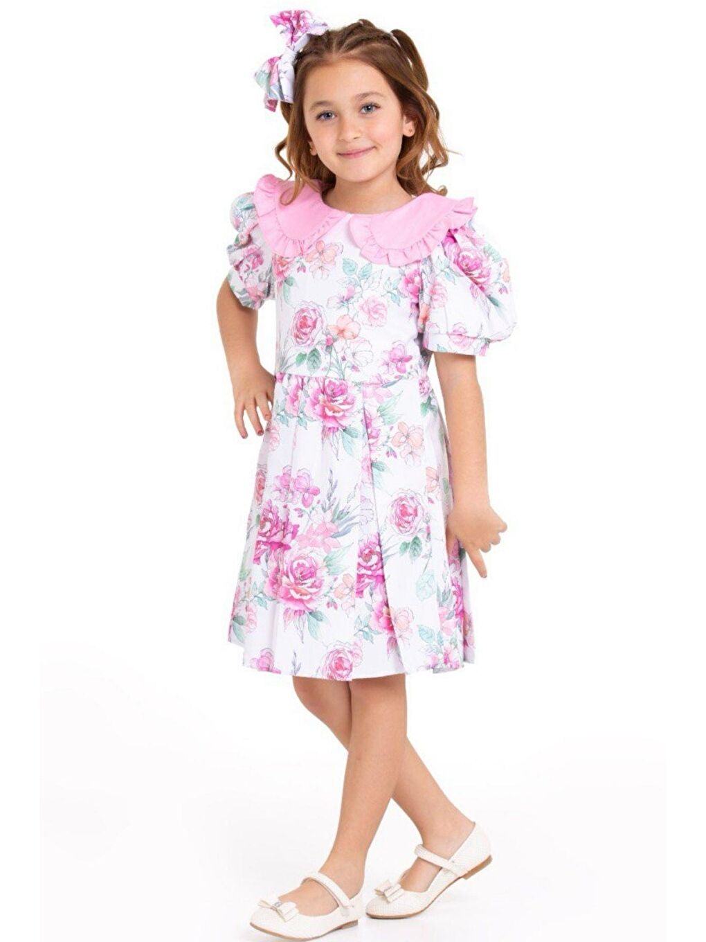 Kız Çocuk Bebe Yaka Çiçek Desenli Beyaz Elbise-1