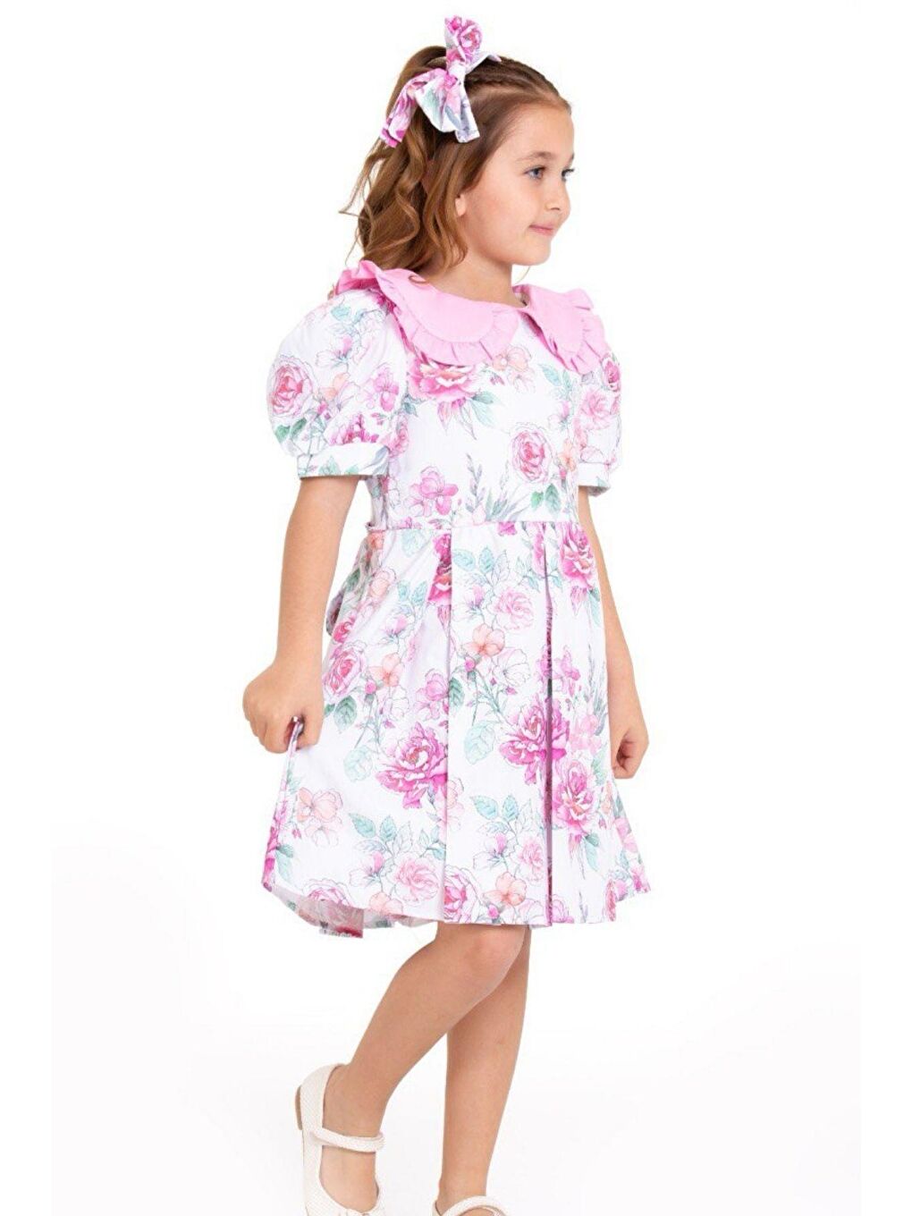 Kız Çocuk Bebe Yaka Çiçek Desenli Beyaz Elbise-2