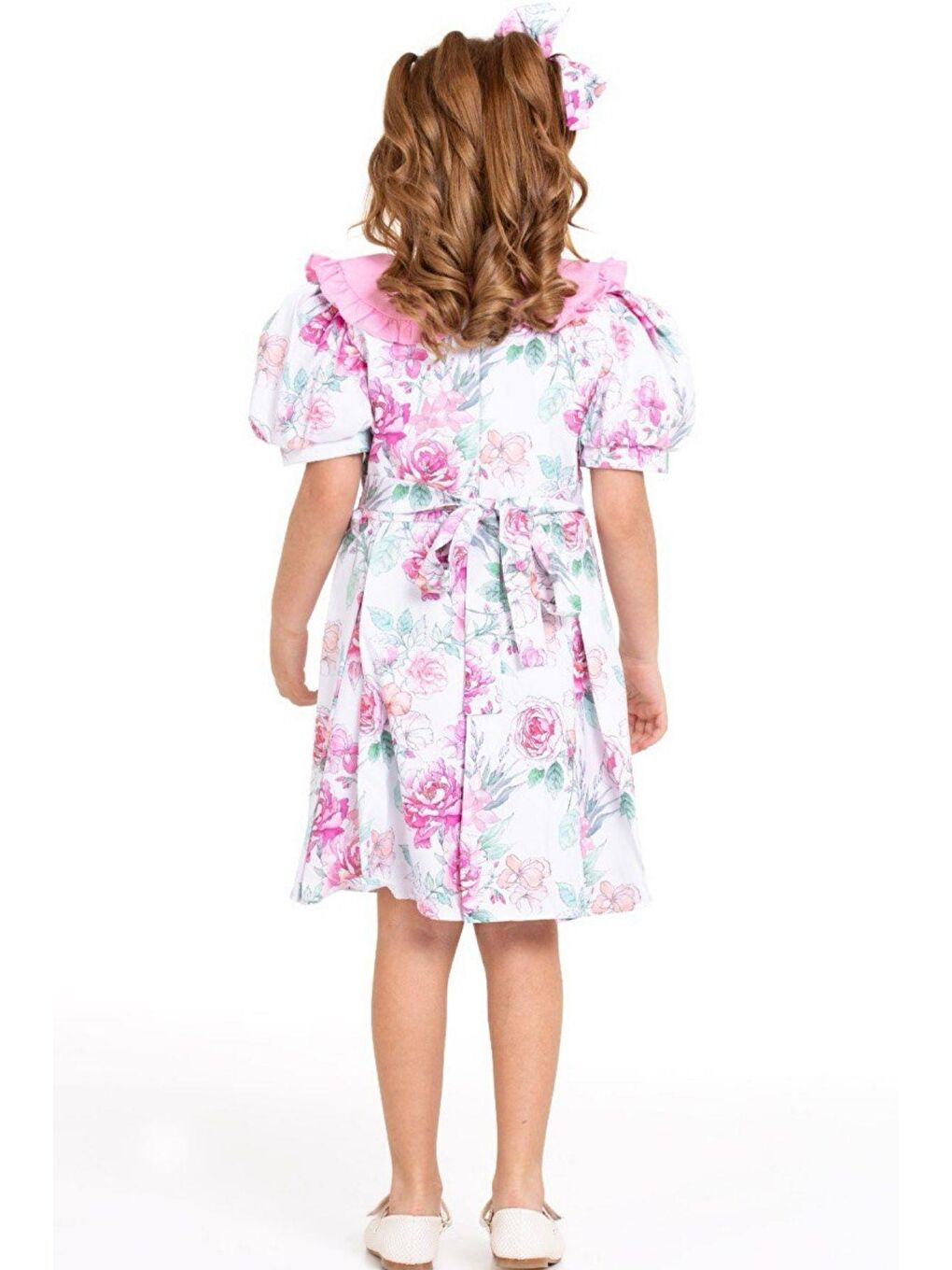 Kız Çocuk Bebe Yaka Çiçek Desenli Beyaz Elbise-3