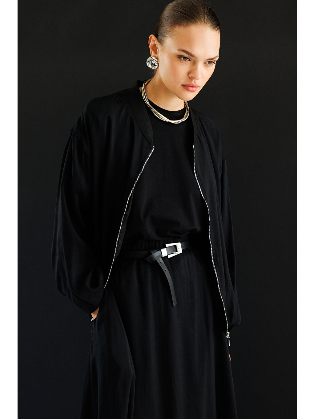 Modal Karışımlı Siyah Beli Lastikli Maksi Etek-3