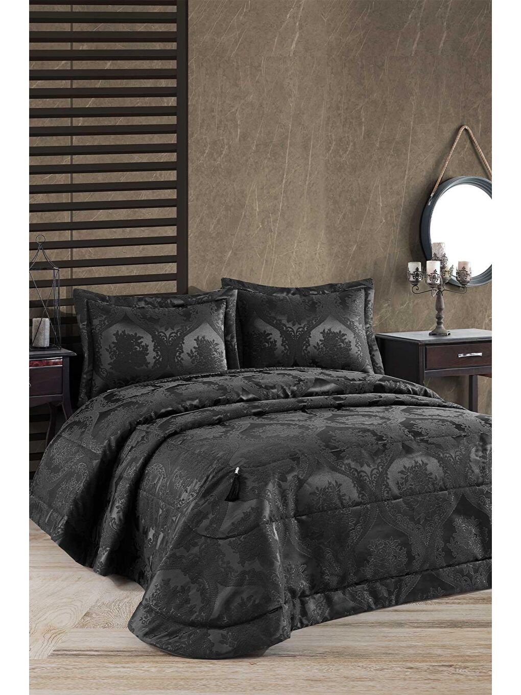 Yatak Örtüsü Takımı Çift Kişilik Elyaf Dolgulu Şönil Kumaş Bronze Antrasit