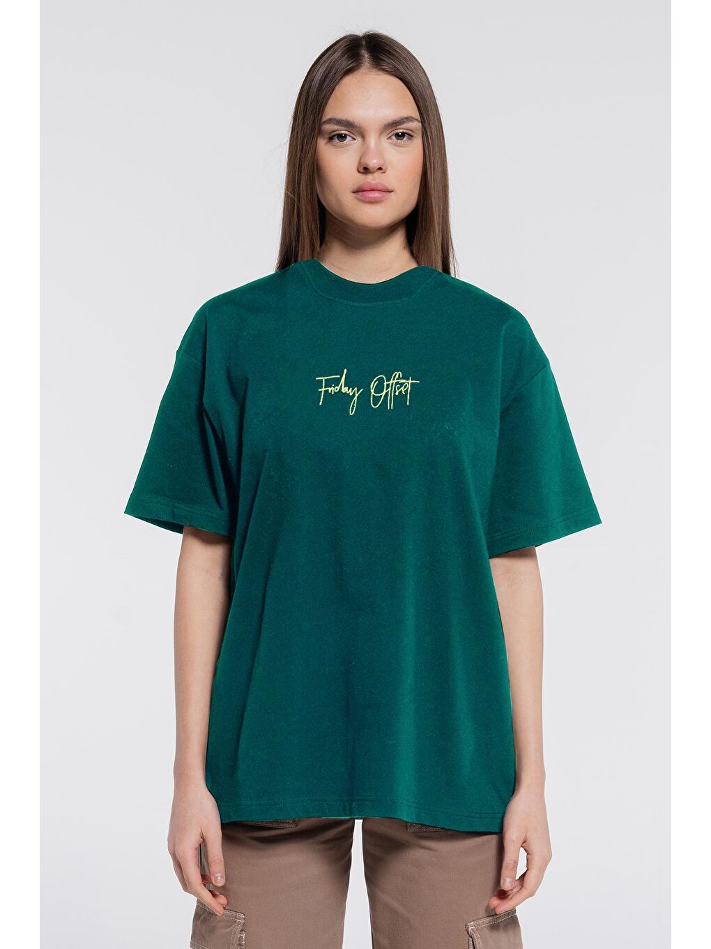 Yeşil Kadın %100 Pamuk Ekstra Oversize Bisiklet Yaka Tişört