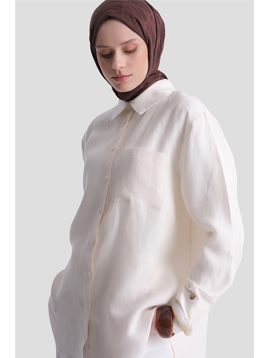 Keten Oversize Tunik Ekru-2
