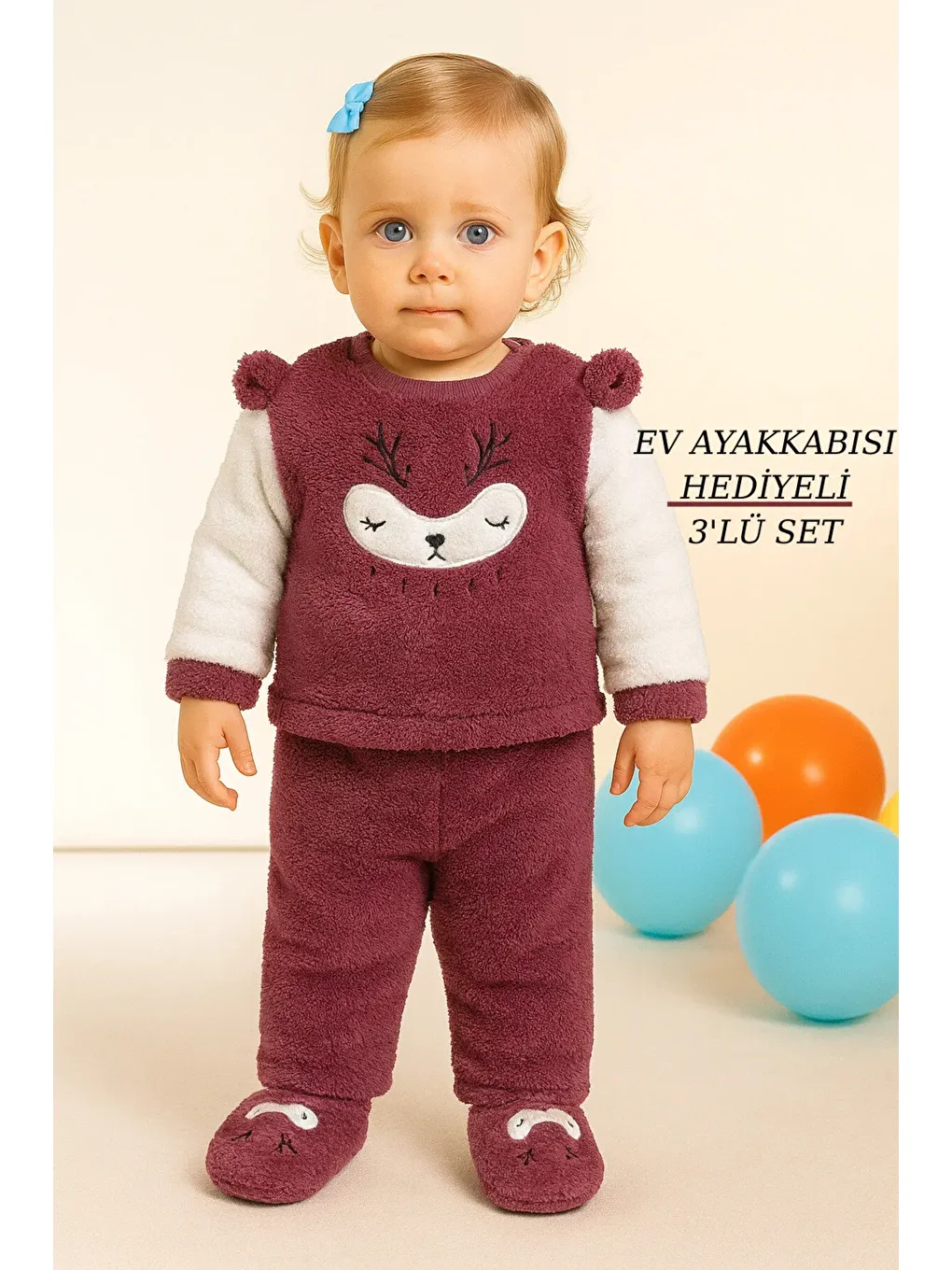 Mor Kız Welsoft 3 Parça Geyik Desenli Ev Ayakkabısı Hediyeli Bebek Takım
