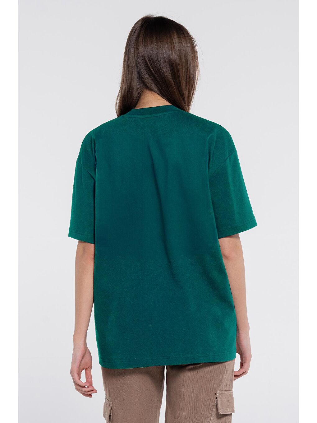 Yeşil Kadın %100 Pamuk Ekstra Oversize Bisiklet Yaka Tişört-1