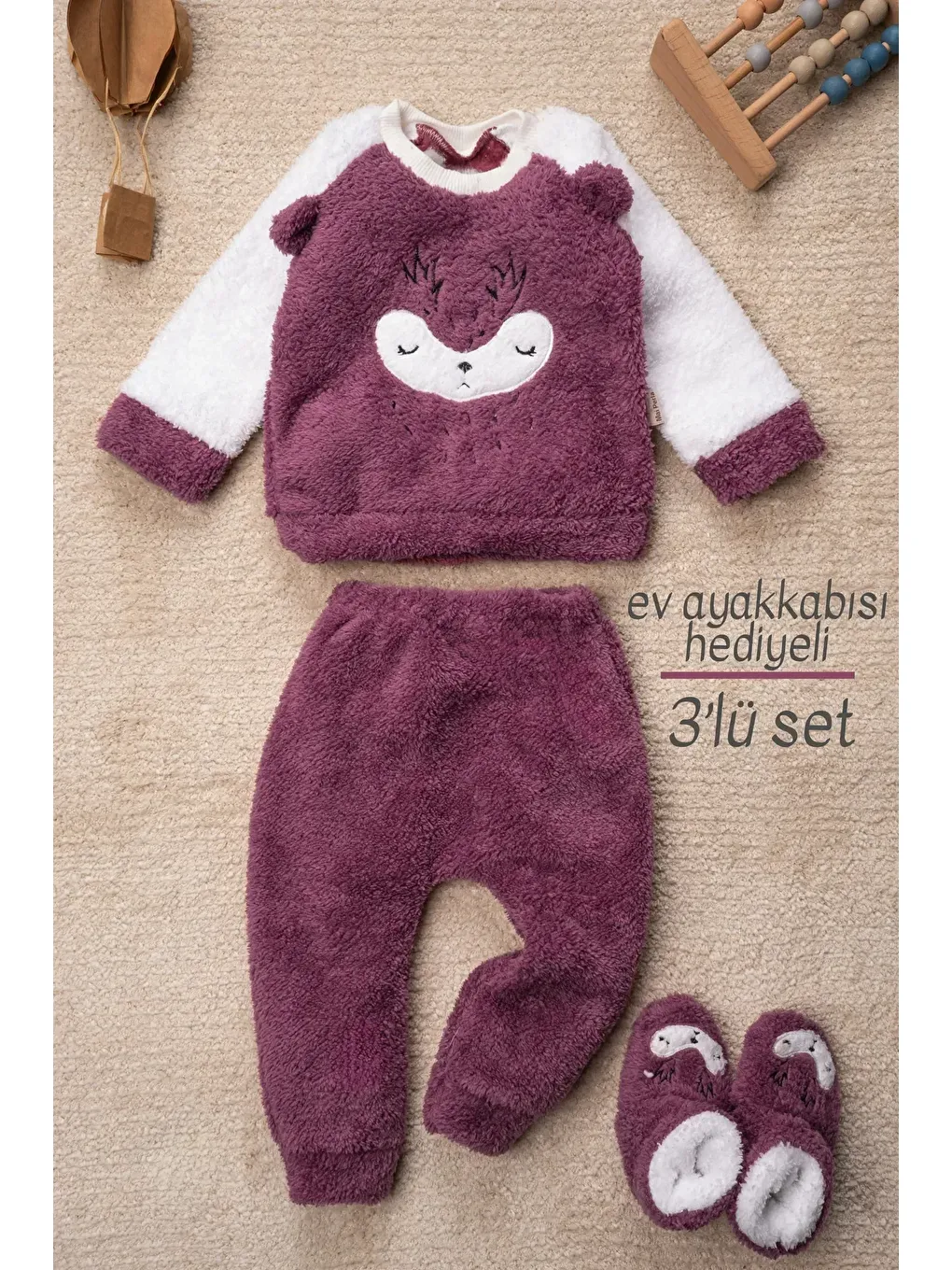 Mor Kız Welsoft 3 Parça Geyik Desenli Ev Ayakkabısı Hediyeli Bebek Takım-1