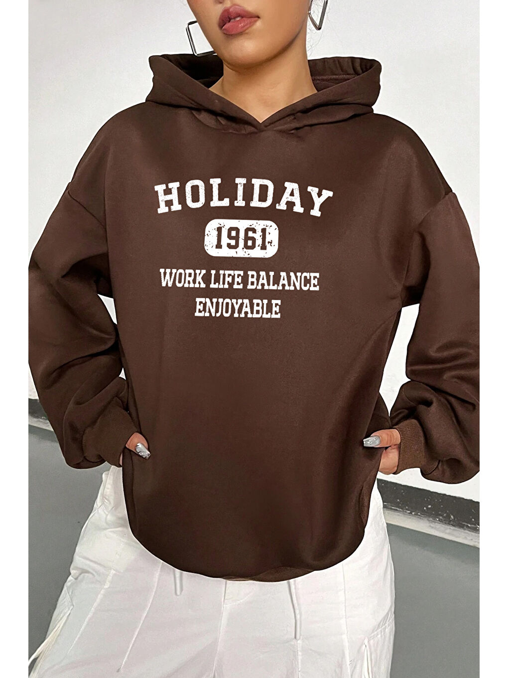 uyguntarz Açık Kahverengi Holiday Baskılı Unisex Oversize Sweatshirt