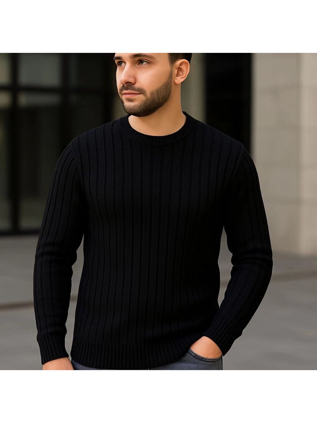 Siyah Erkek Bisiklet Yuvarlak Yaka Triko Kazak-1