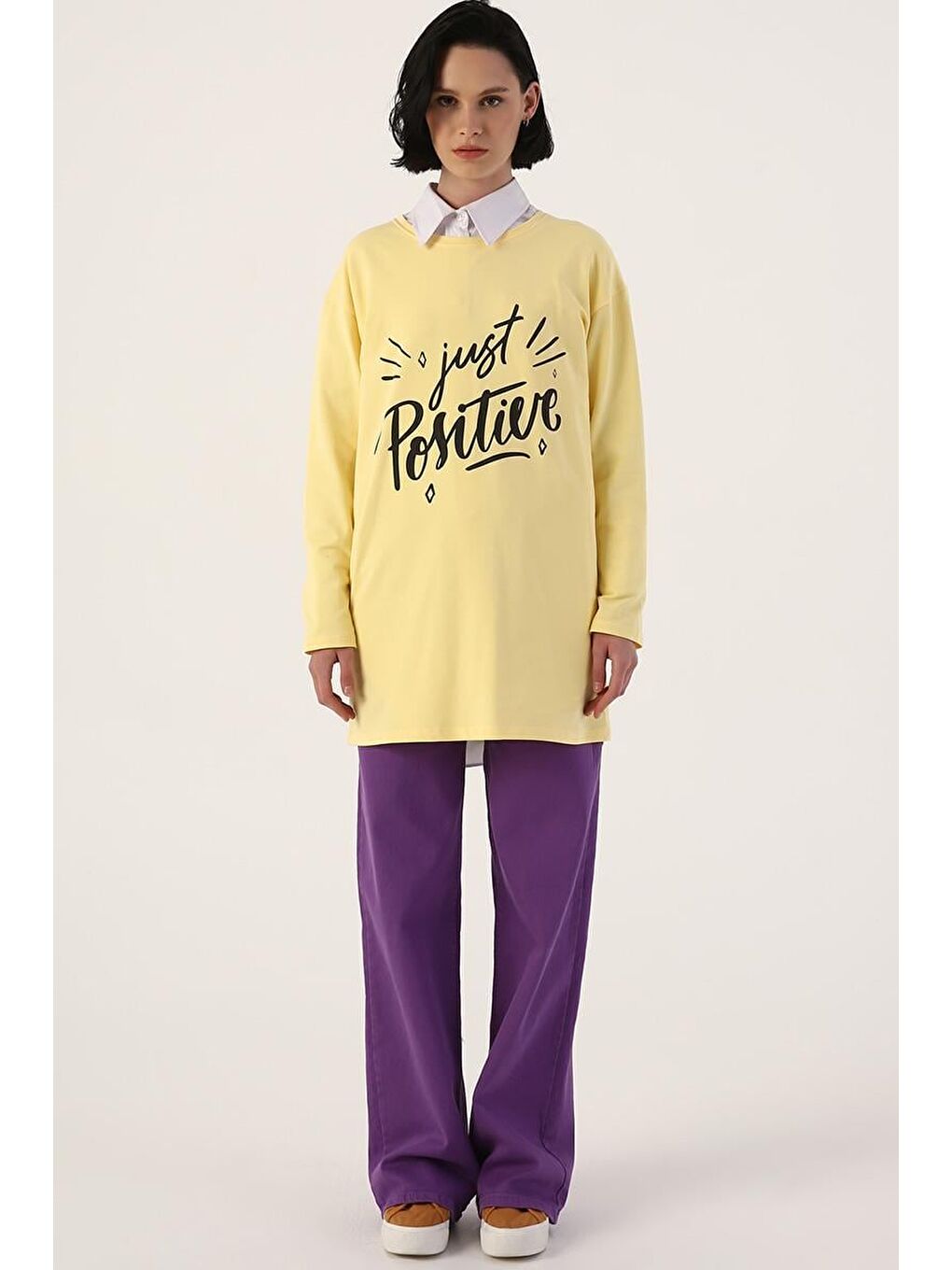 Açık Sarı-Pamuklu Rahat Kalıp Baskılı Basic Tunik