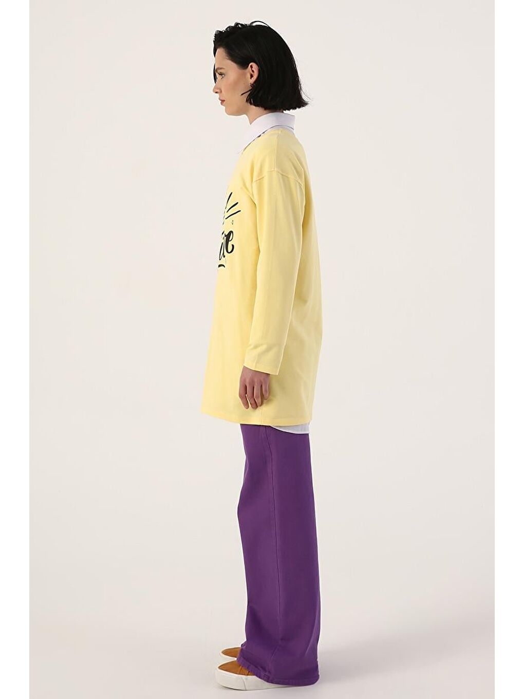 Açık Sarı-Pamuklu Rahat Kalıp Baskılı Basic Tunik-1