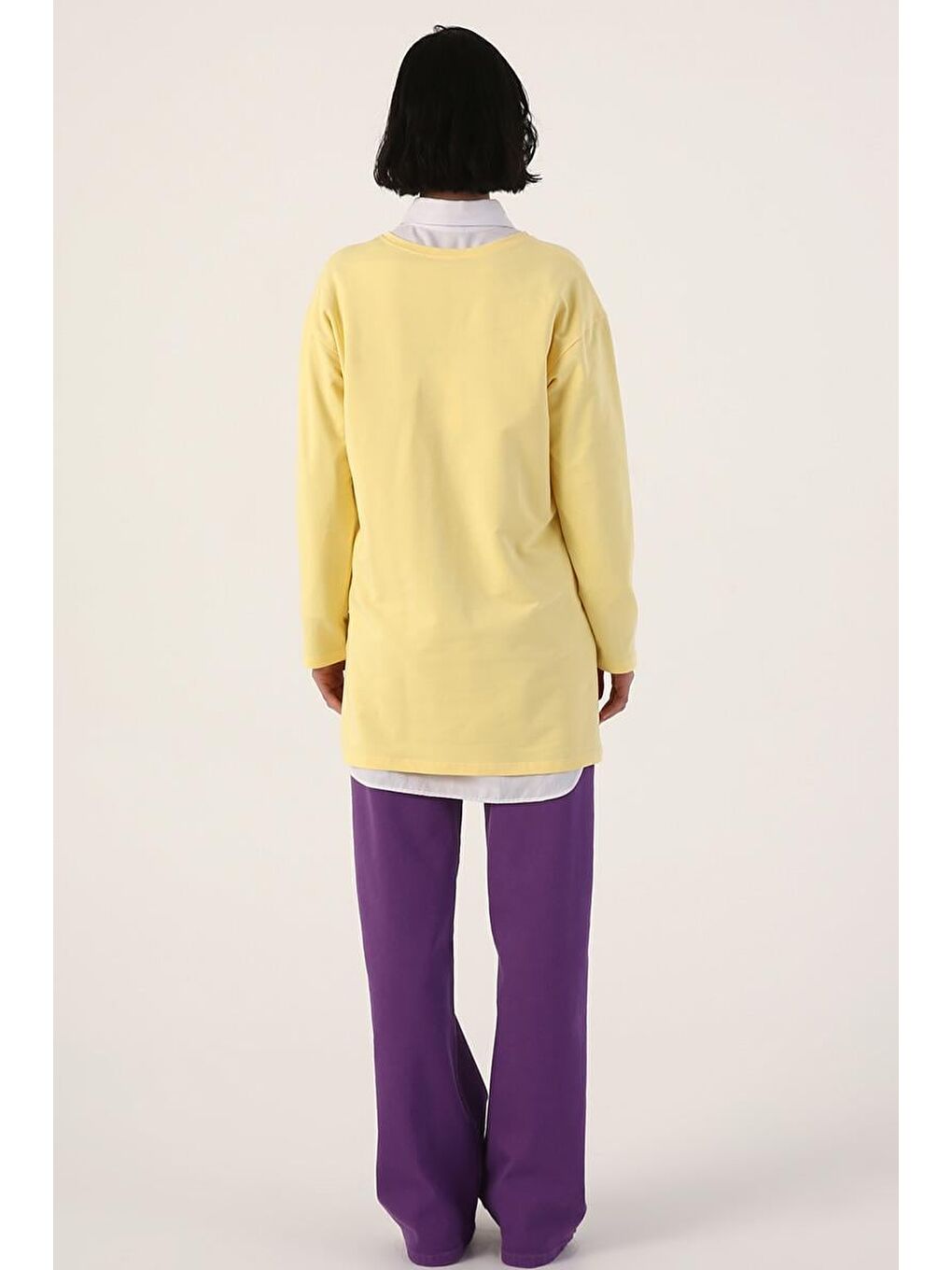 Açık Sarı-Pamuklu Rahat Kalıp Baskılı Basic Tunik-2