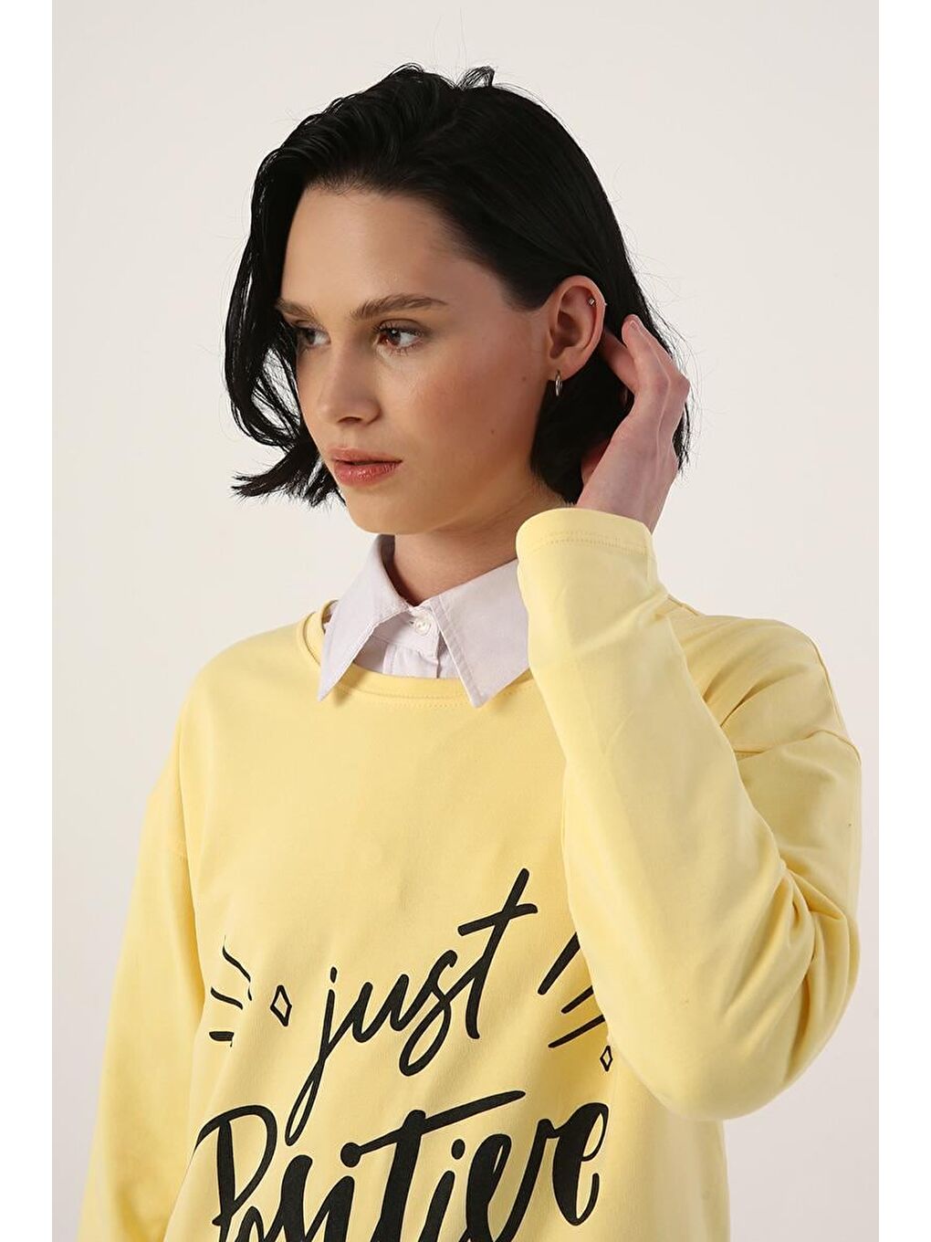 Açık Sarı-Pamuklu Rahat Kalıp Baskılı Basic Tunik-3