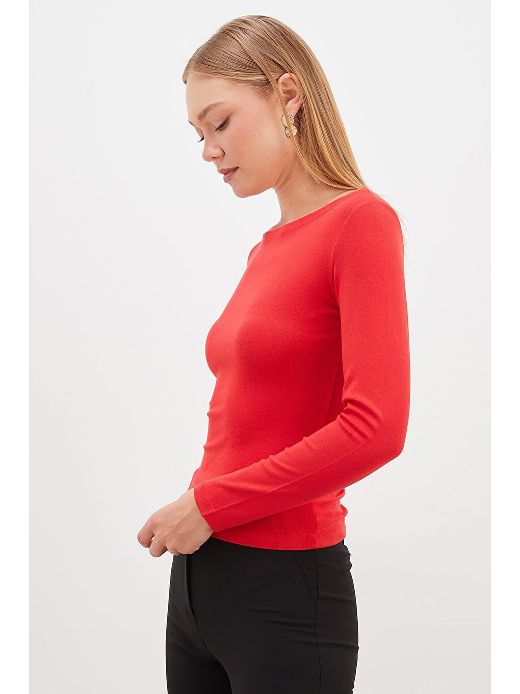 Kırmızı Basic Kayık Yaka Slim Fit Bluz-2