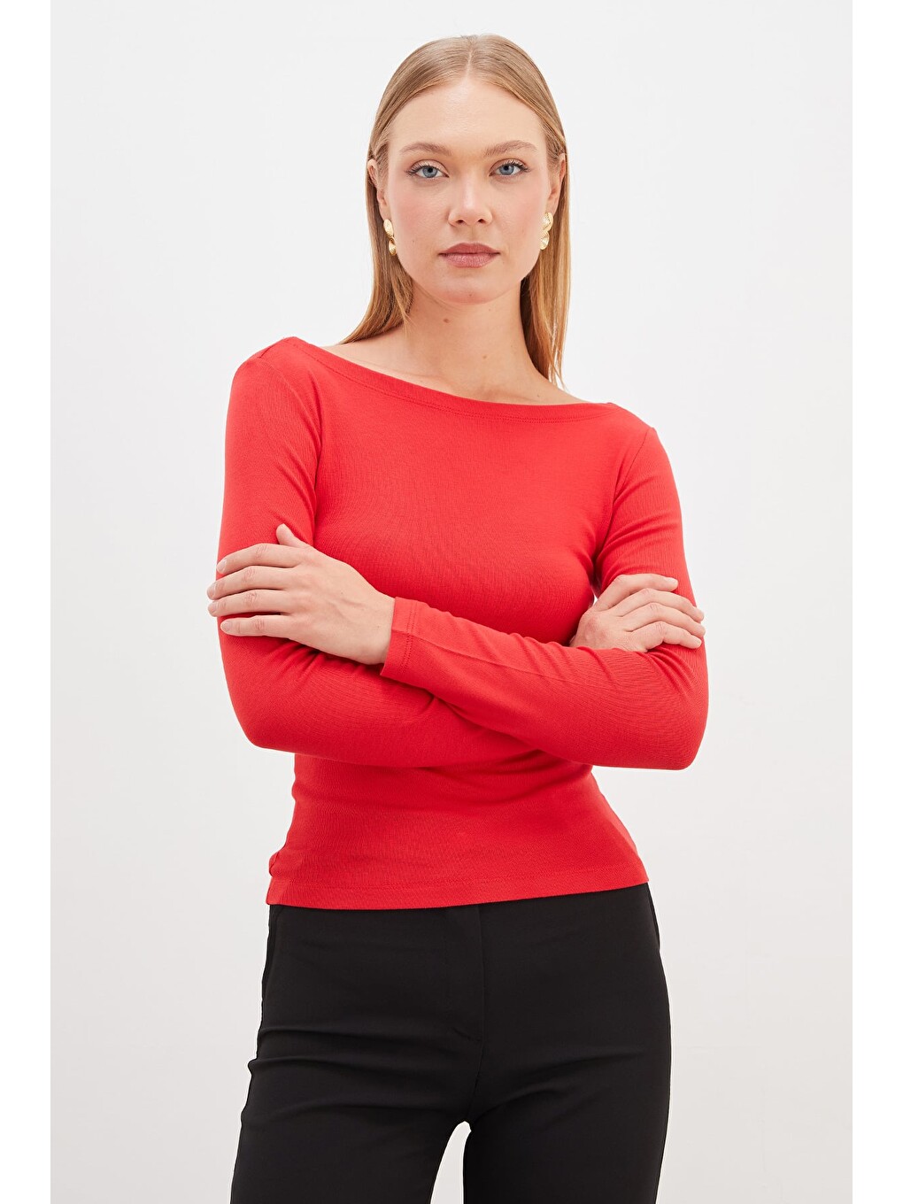 Kırmızı Basic Kayık Yaka Slim Fit Bluz-3