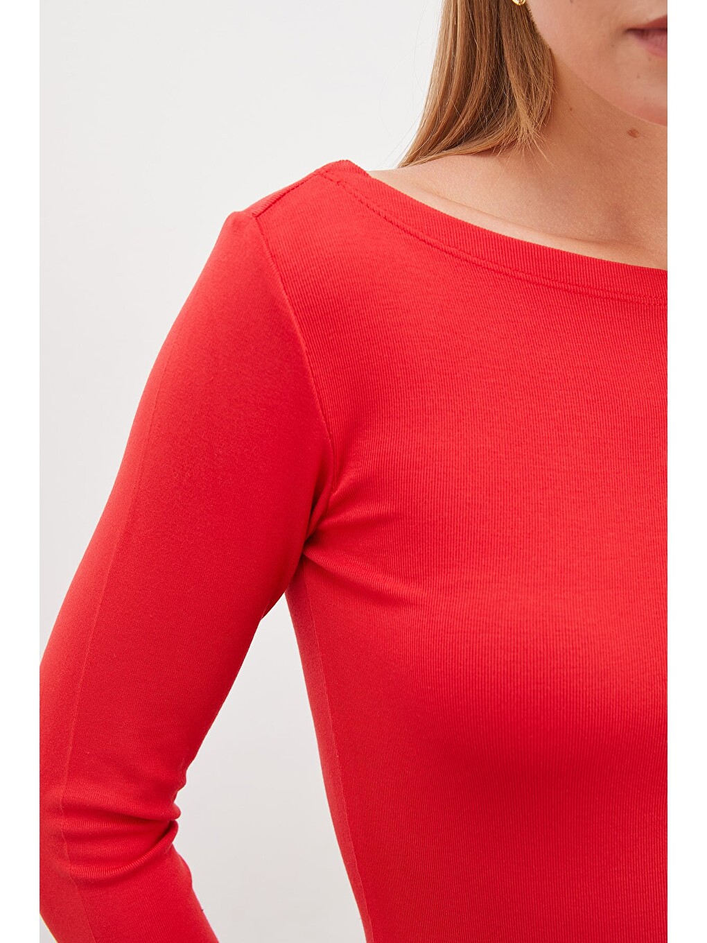 Kırmızı Basic Kayık Yaka Slim Fit Bluz-4