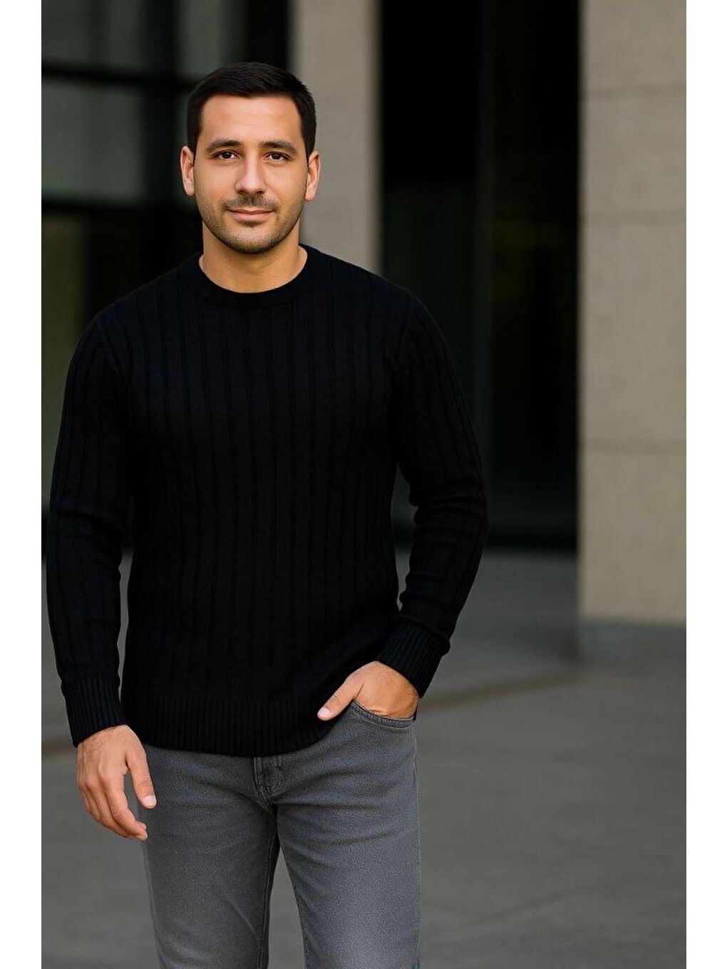 Siyah Erkek Bisiklet Yuvarlak Yaka Triko Kazak-2