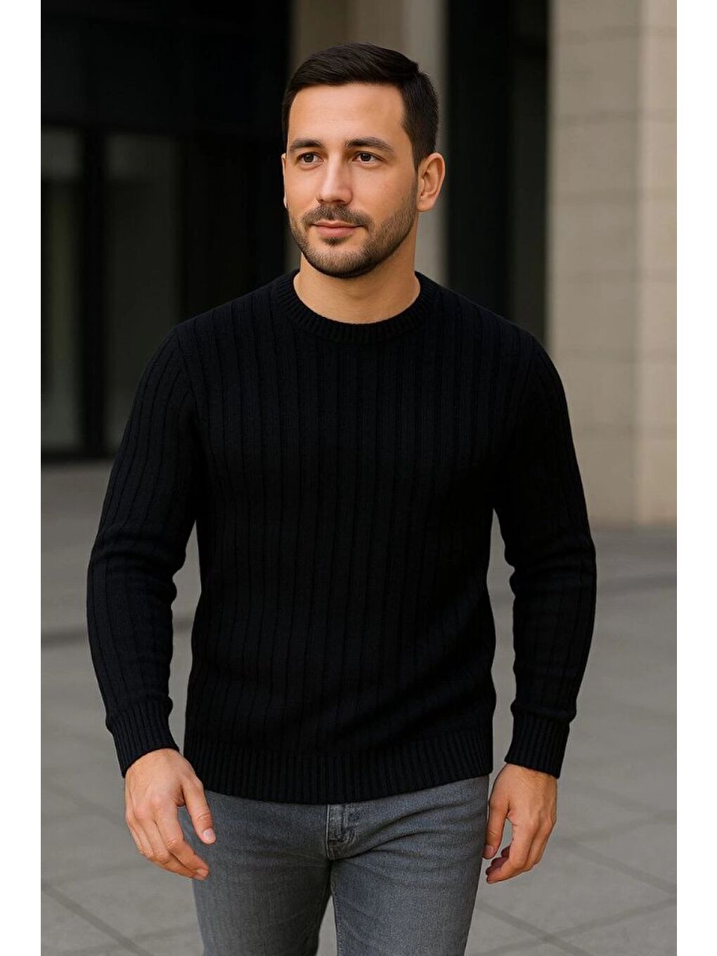 Siyah Erkek Bisiklet Yuvarlak Yaka Triko Kazak-3