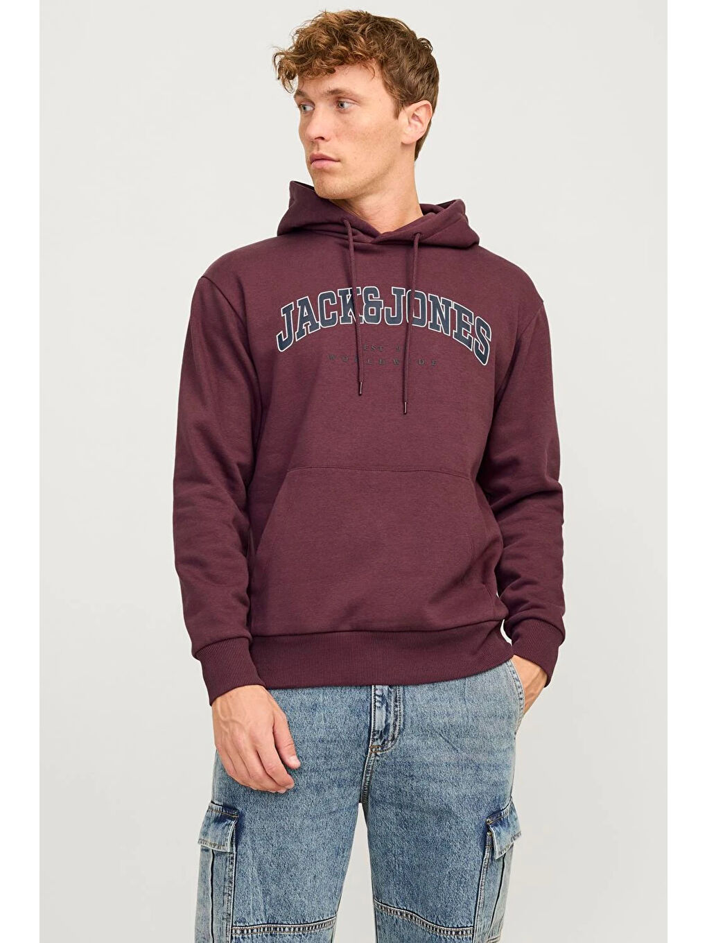 Jack & Jones Bordo Pamuklu Relaxed Fit Kapüşonlu Erkek Sweat