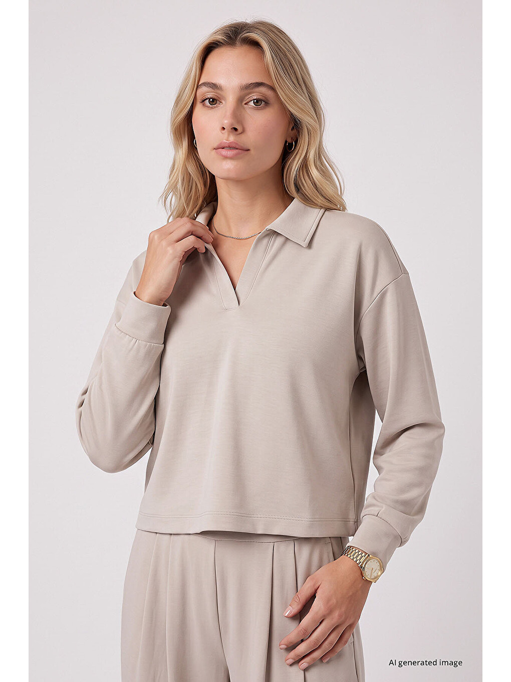 Bej Polo Yaka Rahat Form Geniş Paça Kadın Eşofman Takım - 95358-3