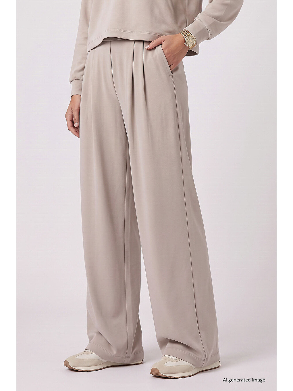 Bej Polo Yaka Rahat Form Geniş Paça Kadın Eşofman Takım - 95358-4