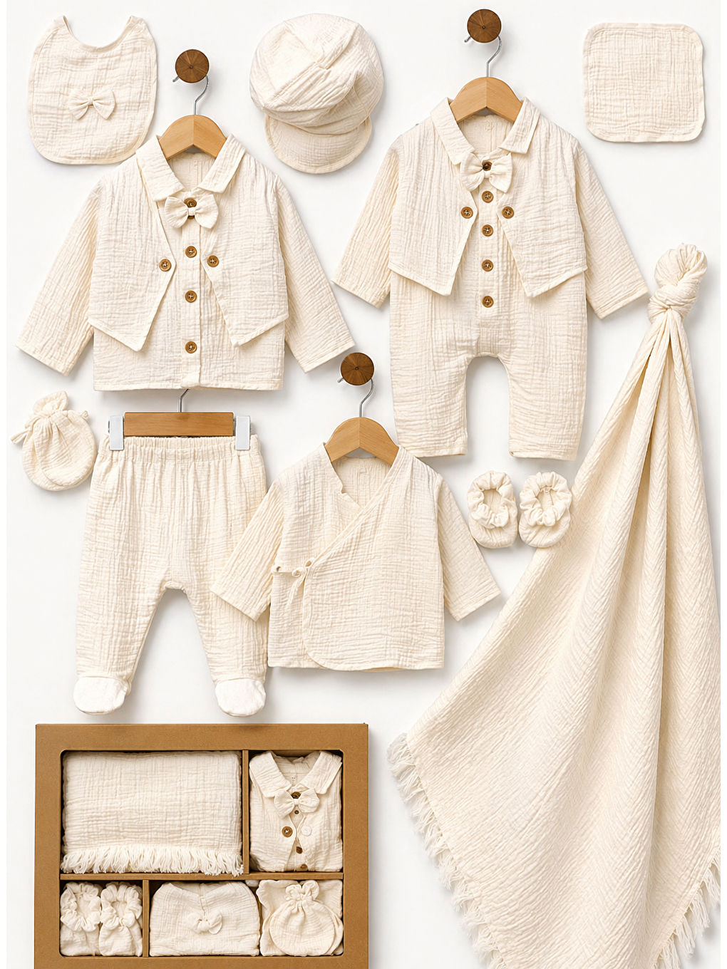 Bej Erkek Bebek Müslin Kumaş Kutulu 10lü Hastane Çıkış Seti Organik